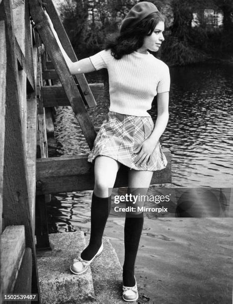 Model poses in socks by Twiggy and a Mary Quant beret. Circa 1970.