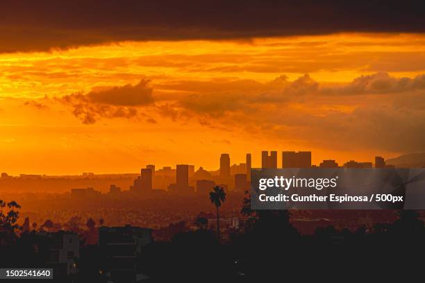 silhouette of buildings against sky during sunset,los angeles,california,united states,usa - orange california stock pictures, royalty-free photos & images