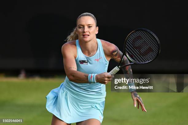 Tereza Martincova of Czech Republic looks on against Madison Keys of United States in the Women's First Round match during Day Three of the Rothesay...