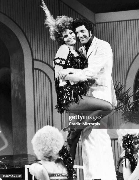 Tom Jones with Raquel Welch together during filming of Tom's television show. 12th January 1970.