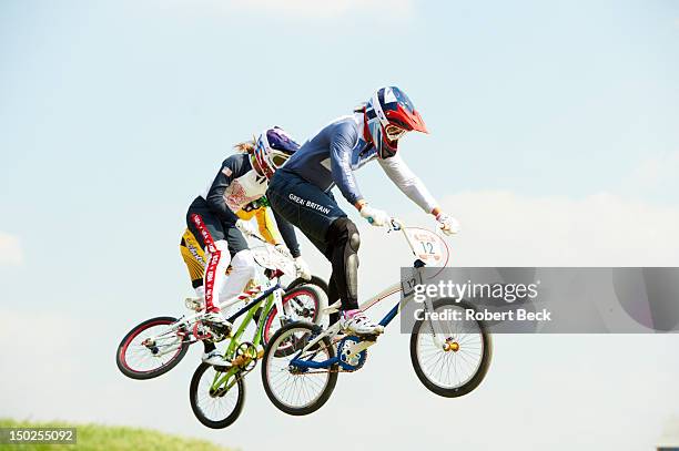 Summer Olympics: USA Alise Post and Great Britain Shanaze Reade in action during Women's Semifinals at BMX Track. London, United Kingdom 8/10/2012...