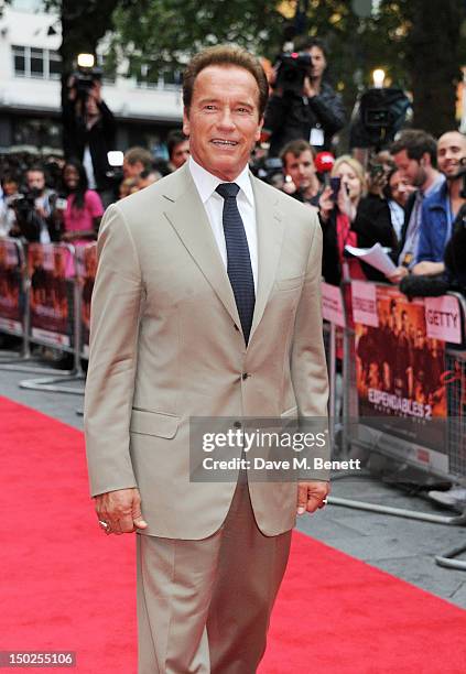 Actor Arnold Schwarzenegger attends the UK Film Premiere of 'The Expendables 2' at Empire Leicester Square on August 13, 2012 in London, United...