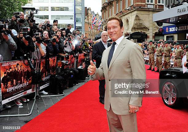 Actor Arnold Schwarzenegger attends the UK Film Premiere of 'The Expendables 2' at Empire Leicester Square on August 13, 2012 in London, United...