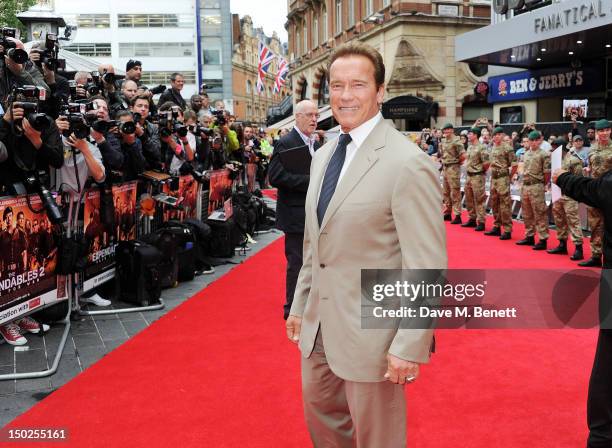 Actor Arnold Schwarzenegger attends the UK Film Premiere of 'The Expendables 2' at Empire Leicester Square on August 13, 2012 in London, United...