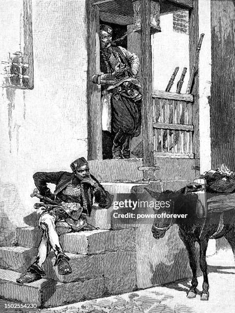 people resting on the front of building in cetinje, montenegro - 19th century - montenegrin people stock illustrations
