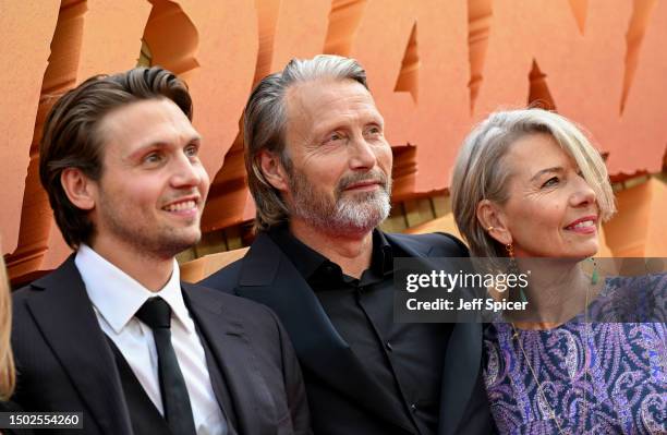 Carl Jacobsen Mikkelsen, Mads Mikkelsen and Hanne Jacobsen attend the UK Premiere of Lucasfilm' "Indiana Jones and the Dial of Destiny" at Cineworld...