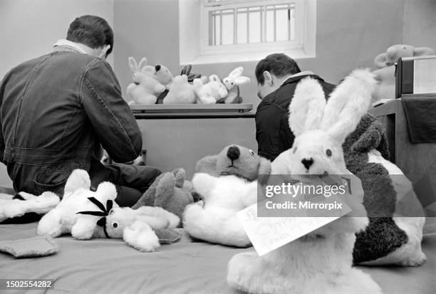 Prisoners inside their cells at Dartmoor Prison making soft toys for local children's charities. December 1969.