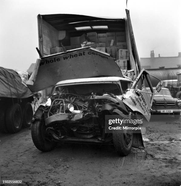 Motorway M. 6. Crash aftermath. The driver of this heavy van lost this life in one of the crashes on the M. 6. , near Shevington, Lancs. December...