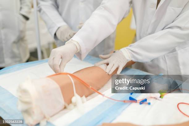 medical students learning how to take blood work in practical class - mannequin stock pictures, royalty-free photos & images