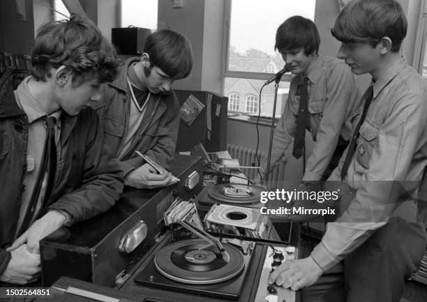 Venture Scouts show off their skills with a record turntable at the Warwickshire Scout Council conference in Leamington. 7th March 1970.