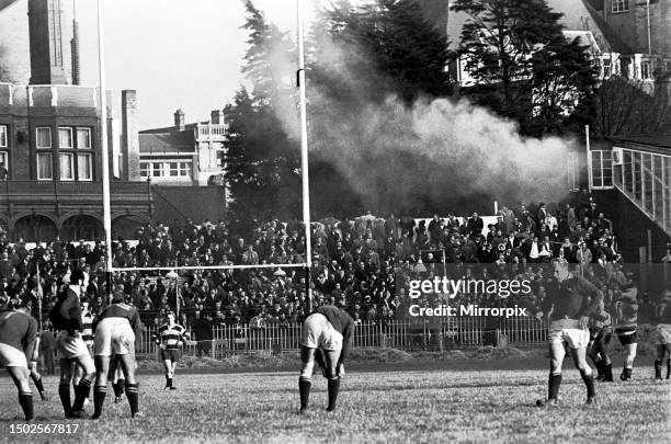 South Africa Rugby Union tour Cardiff v SpringboksSmoke rising from burning bales of hay on the terrace at Cardiff. December 1969 .