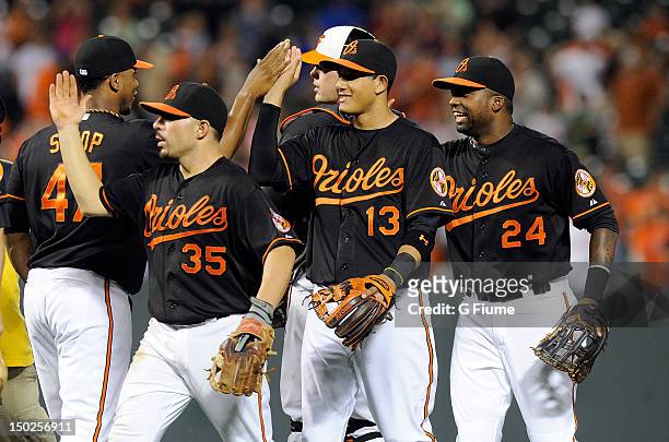 Manny Machado of the Baltimore Orioles celebrates with teammates after a 7-1 victory against the Kansas City Royals at Oriole Park at Camden Yards on...
