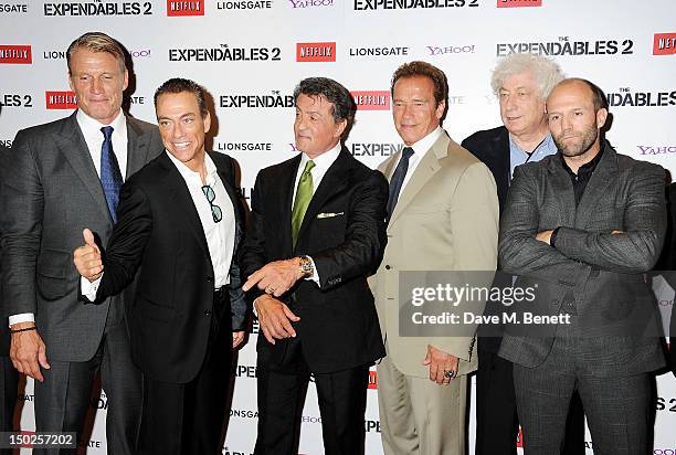 Actors Dolph Lundgren, Jean-Claude Van Damme, Sylvester Stallone, Arnold Schwarzenegger, producer Avi Lerner and Jason Statham attend the UK Film...