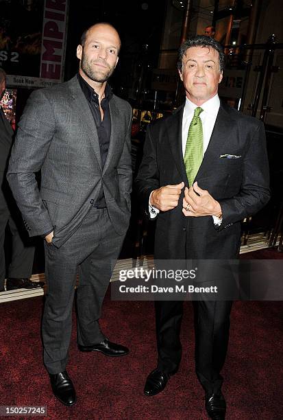 Actors Jason Statham and Sylvester Stallone attend the UK Film Premiere of 'The Expendables 2' at Empire Leicester Square on August 13, 2012 in...