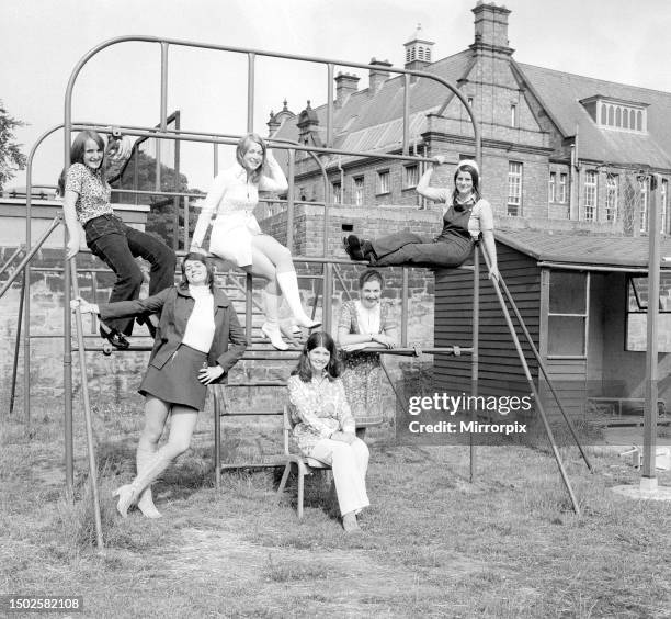 Schoolgirls from Church High School in Newcastle model the latest fashion 14 July 1971, back row from left, Judith Smith, Vibecka Hostvedt, Hilary...