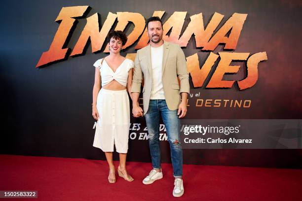 Pablo Puyol and Beatriz Mur attend the Madrid premiere of "Indiana Jones Y El Dial Del Destino" at the Kinepolis cinema on June 26, 2023 in Madrid,...