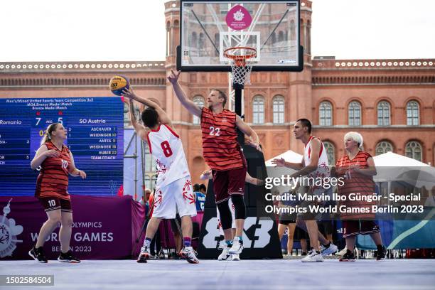 General action during the match between SO Austria and SO Romania at the 3x3 Basketball competition on day nine of Special Olympics World Games...