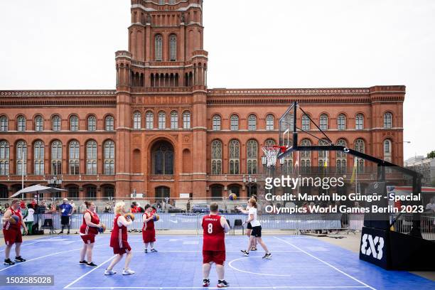The team of SO Germany warms up during the 3x3 Basketball competition on day nine of Special Olympics World Games Berlin 2023 on June 25, 2023 in...