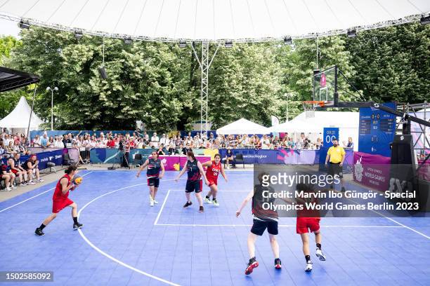 General action during the match between SO Great Britain and SO Chile at the 3x3 Basketball competition on day nine of Special Olympics World Games...