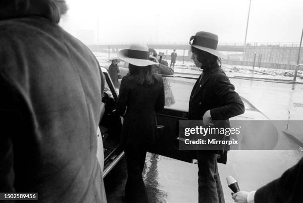 Mick Jagger and Bianca at their hotel in Newcastle upon Tyne. March 1971.