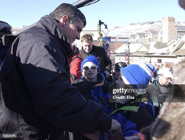 Five-time olympic gold medalist from the 1980 Winter games, Eric Heiden, meets with fans gathered at the Chevy Hot Zone in Park City, Utah after GM...