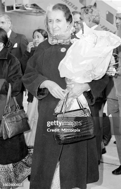 Mrs Indira Gandhi, the Indian Prime Minister, seen here arriving at Heathrow airport from India for talks with Jim Callaghan.