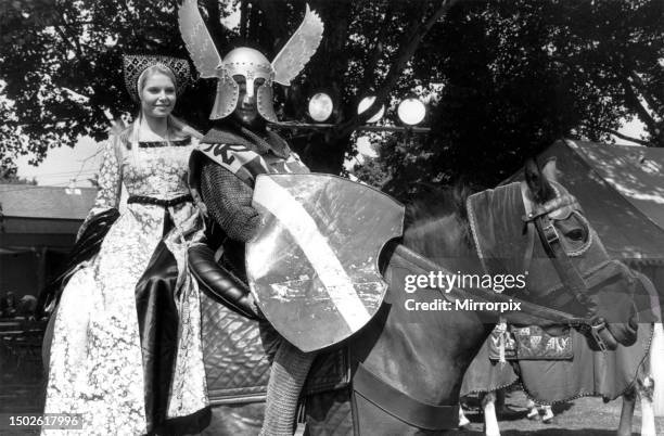 Eva Von Rueber-Staier, the winner of the Miss World 1970 title, gets a lift on a knight's charger during the rehearsal for the World Wildlife Ball at...