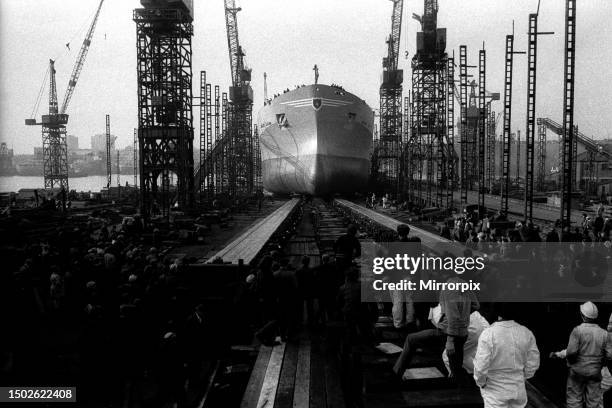 The launch of the Stolt Lion tanker at Hebburn on the 16th October, 1970. It was completed by Swan Hunter at the SBS Ltd, Hebburn yard by July 1971.