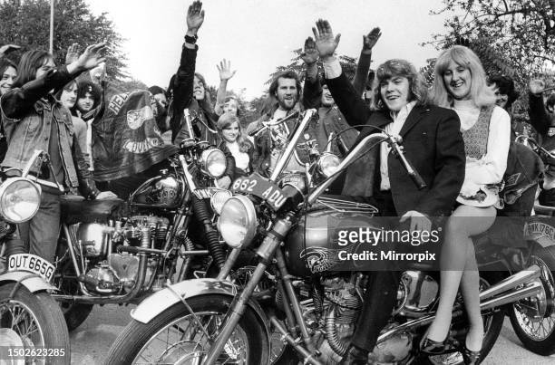 This is a wedding group and it was taken outside the Coventry Register Office after the wedding today of two members of the city's Hell's Angels...