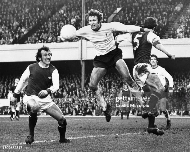 Liverpool new boy John Toshack challenges Frank McLintock for the ball during the league match against Arsenal at Highbury. 28th November 1970.