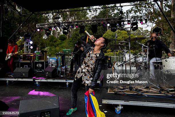 Simón Mejía, Julian Salazar, Liliana Saumet and Kike Egurrola of Bomba Estereo performs on Day Three of the Outside Lands Music & Art Festival in the...