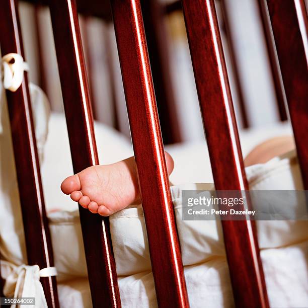 a child's foot sticking through the bars of a cot - baby death stock pictures, royalty-free photos & images