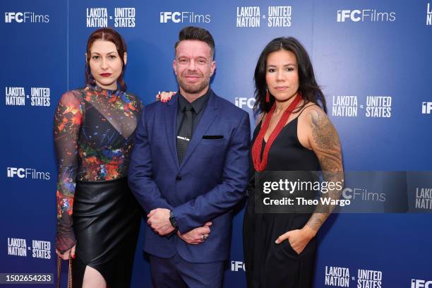 Megan Thompson, Jamie McCarthy and Amber Morning Star Byars attend the premiere of "Lakota Nation Vs United States" at IFC Center on June 26, 2023 in...