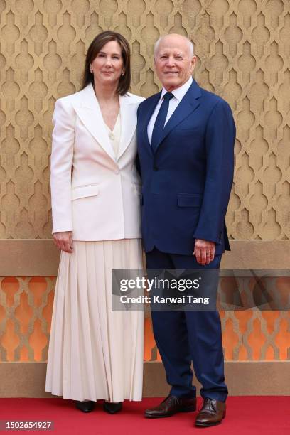 Producers Kathleen Kennedy and Frank Marshall attend the "Indiana Jones And The Dial Of Destiny" UK Premiere at Cineworld Leicester Square on June...