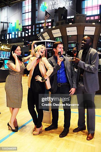 America 'Copper' cast members Franka Potente, Anastasia Griffith, Tom Weston-Jones, and Ato Essandoh ring the closing bell at the New York Stock...