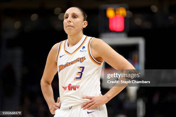 Diana Taurasi of the Phoenix Mercury looks on during the first quarter against the Seattle Storm at Climate Pledge Arena on June 24, 2023 in Seattle,...