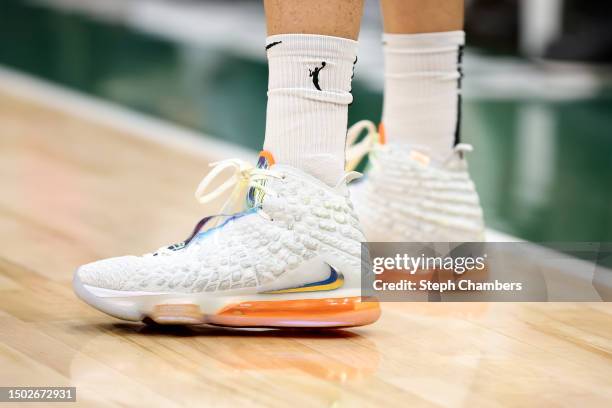 The shoes of Diana Taurasi of the Phoenix Mercury are seen before the game against the Seattle Storm at Climate Pledge Arena on June 24, 2023 in...