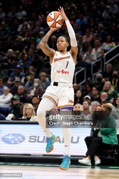 Sug Sutton of the Phoenix Mercury shoots against the Seattle Storm during the fourth quarter at Climate Pledge Arena on June 24, 2023 in Seattle,...