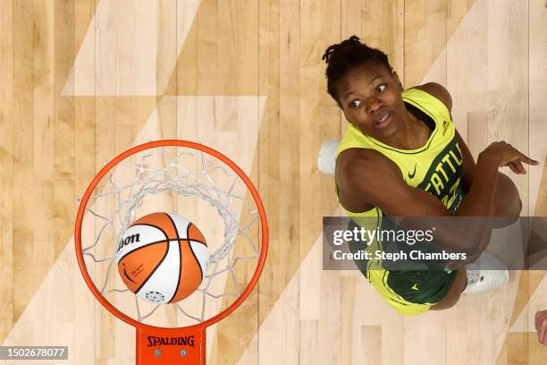 Dulcy Fankam Mendjiadeu of the Seattle Storm watches a basket against the Phoenix Mercury during the fourth quarter at Climate Pledge Arena on June...