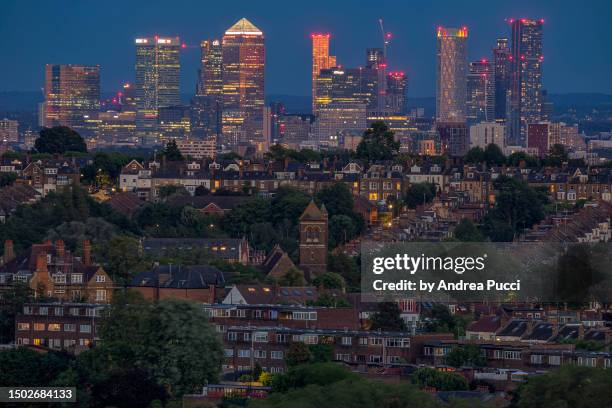 london skyline from alexandra palace, london, united kingdom - tower hamlets stockfoto's en -beelden