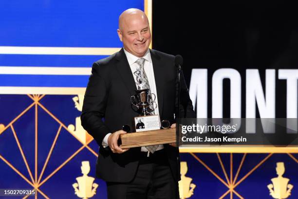 Head coach Jim Montgomery of the Boston Bruins accepts the Jack Adams Award during the 2023 NHL Awards at Bridgestone Arena on June 26, 2023 in...