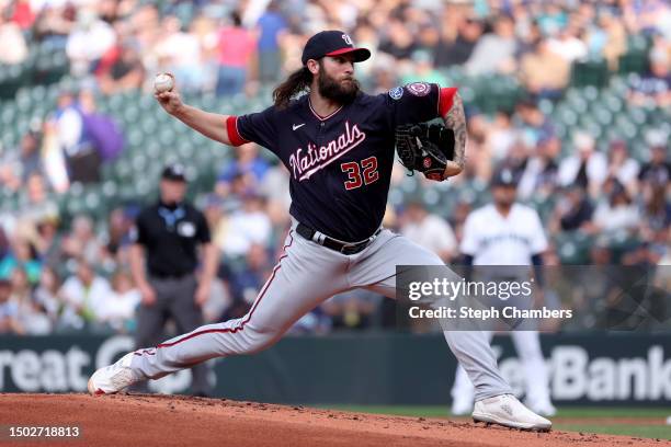 Trevor Williams of the Washington Nationals pitches during the second inning against the Seattle Mariners at T-Mobile Park on June 26, 2023 in...