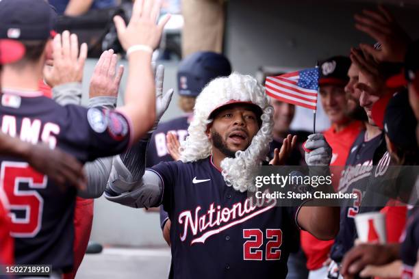 Dominic Smith of the Washington Nationals celebrates his home run against the Seattle Mariners during the second inning at T-Mobile Park on June 26,...