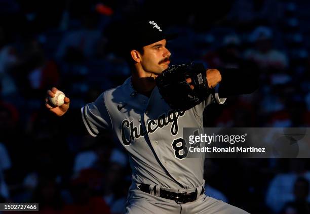 Dylan Cease of the Chicago White Sox throws against the Los Angeles Angels in the third inning at Angel Stadium of Anaheim on June 26, 2023 in...