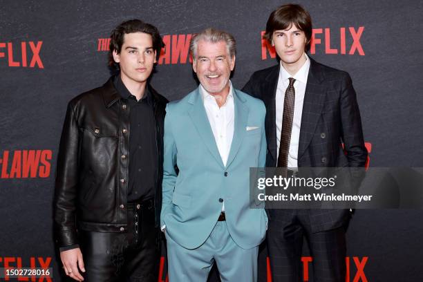 Paris Brosnan, Pierce Brosnan and Dylan Brosnan attend the Los Angeles Premiere Of Netflix's "The Out-Laws" at Regal LA Live on June 26, 2023 in Los...