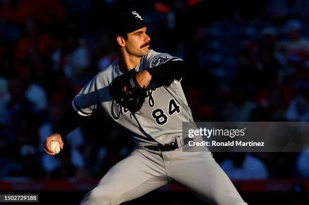 Dylan Cease of the Chicago White Sox throws against the Los Angeles Angels in the third inning at Angel Stadium of Anaheim on June 26, 2023 in...