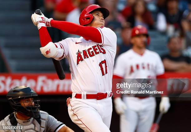 Shohei Ohtani of the Los Angeles Angels hits a home run against the Chicago White Sox in the fourth inning at Angel Stadium of Anaheim on June 26,...