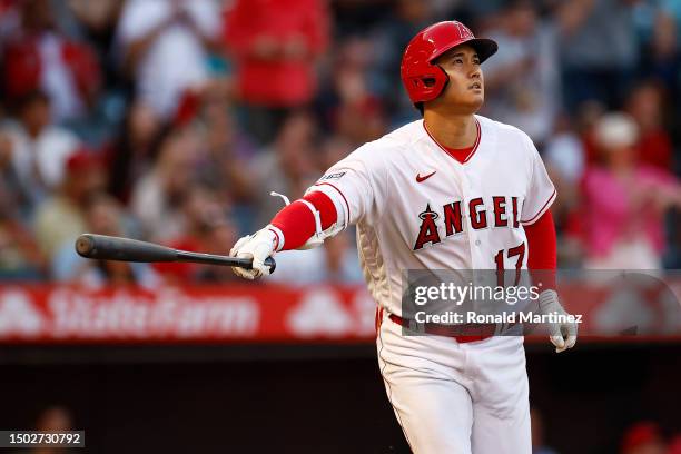 Shohei Ohtani of the Los Angeles Angels hits a home run against the Chicago White Sox in the fourth inning at Angel Stadium of Anaheim on June 26,...