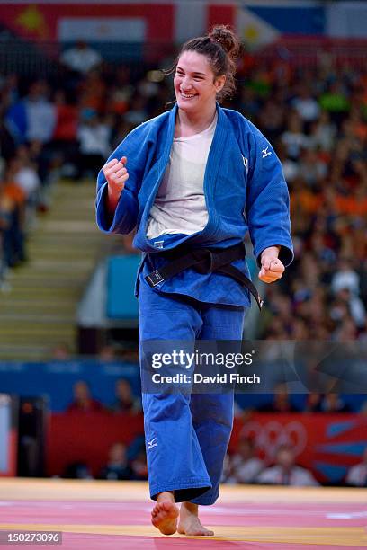 Mayra Aguiar of Brazil defeated former World champion Marhinde Verkerk of Holland by ippon to win the bronze medal during the Day 6 u78kgs Women's...
