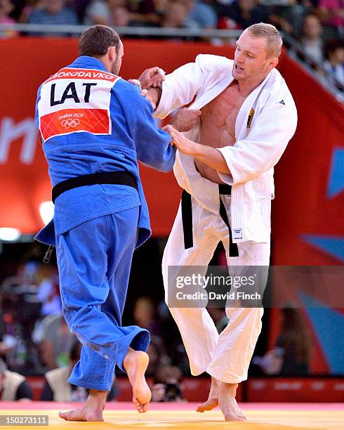 Dimitri Peters of Germany defeated Jevgenijs Borodavko of Latvia by a yuko during the Day 6 u100kgs Men's category at the ExCeL Arena, on August 02,...